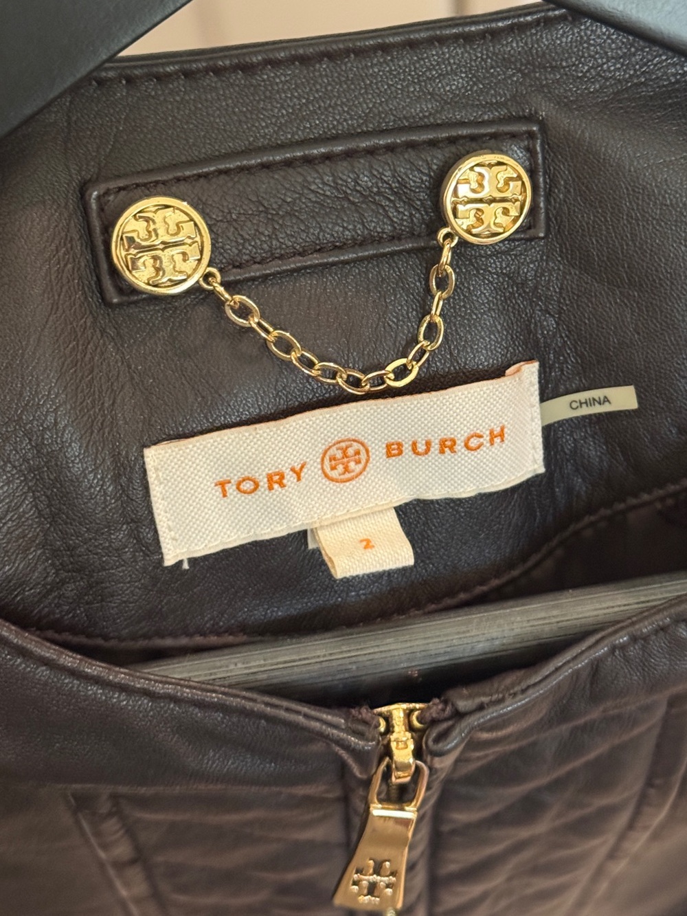 Tory Burch Leather Quilted Jacket - Dark Brown size 2 - Picture 3 of 3